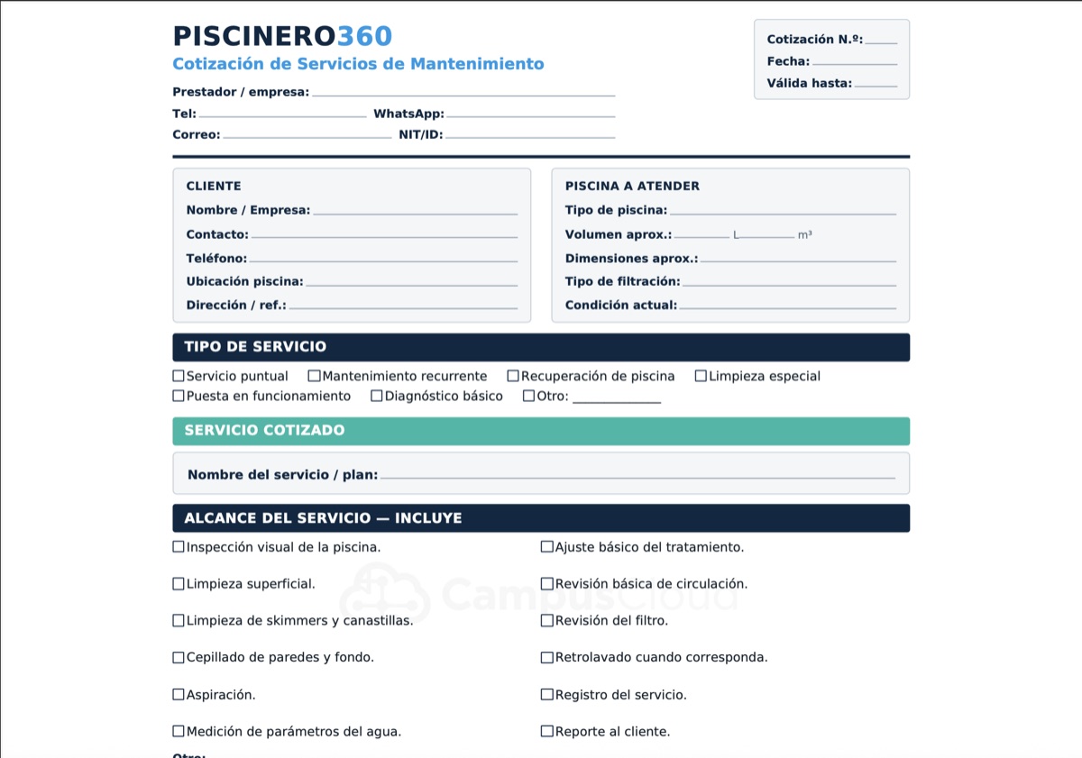 Formato real de cotización de servicios Piscinero 360